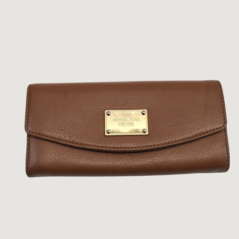 Michael Kors Wallet Women Brown Pebbled Leather Gold Logo Plate OS Classic
